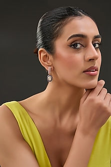 Gold Finish Moissanite Polki & Synthetic Stone Hoop Earrings In Sterling Silver