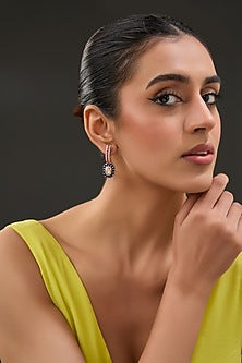 Gold Finish Moissanite Polki & Synthetic Stone Hoop Earrings In Sterling Silver