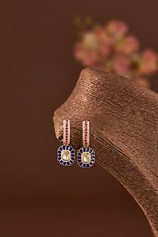 Gold Finish Moissanite Polki & Synthetic Stone Hoop Earrings In Sterling Silver
