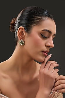 Gold Finish Moissanite Polki & Synthetic Emerald Stone Stud Earrings In Sterling Silver