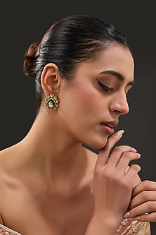 Gold Finish Moissanite Polki & Synthetic Emerald Stone Stud Earrings In Sterling Silver