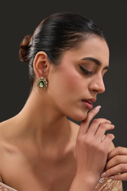 Gold Finish Moissanite Polki & Synthetic Emerald Stone Stud Earrings In Sterling Silver