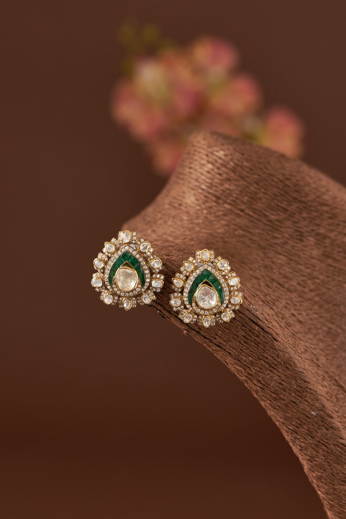 Gold Finish Moissanite Polki & Synthetic Emerald Stone Stud Earrings In Sterling Silver