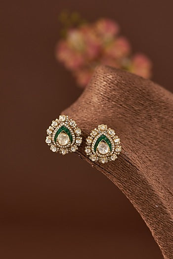 Gold Finish Moissanite Polki & Synthetic Emerald Stone Stud Earrings In Sterling Silver