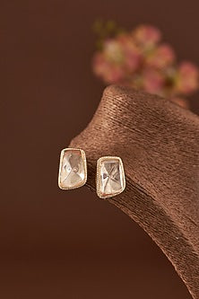 Gold Finish Moissanite Polki & Cubic Zirconia Stud Earrings In Sterling Silver