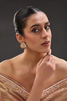 Gold Finish Moissanite Polki & Synthetic Ruby Stone Stud Earrings In Sterling Silver