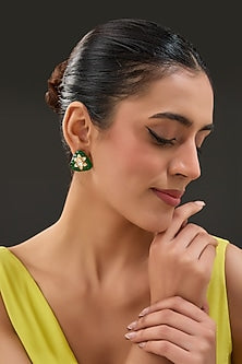 Gold Finish Moissanite Polki & Synthetic Emerald Stone Stud Earrings In Sterling Silver