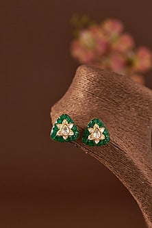 Gold Finish Moissanite Polki & Synthetic Emerald Stone Stud Earrings In Sterling Silver