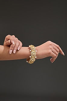 Gold Finish Moissanite Polki & Synthetic Ruby Stone Bangle In Sterling Silver