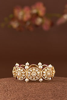 Gold Finish Moissanite Polki & Synthetic Ruby Stone Bangle In Sterling Silver
