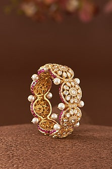Gold Finish Moissanite Polki & Synthetic Ruby Stone Bangle In Sterling Silver