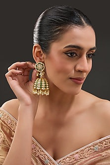 Gold Finish Moissanite Polki & Synthetic Emerald Stone Jhumka Earrings In Sterling Silver