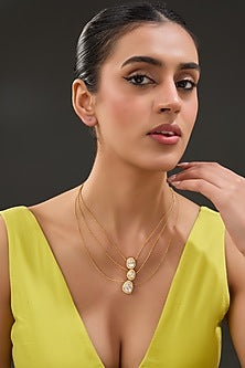 Gold Finish Moissanite Polki & CZ Layered Necklace In Sterling Silver