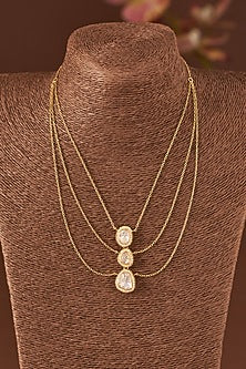 Gold Finish Moissanite Polki & CZ Layered Necklace In Sterling Silver
