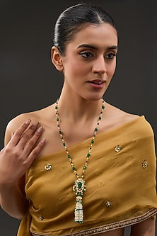 Gold Finish Moissanite Polki & Synthetic Emerald Long Necklace In Sterling Silver