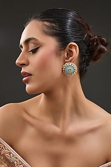 Gold Finish Moissanite Polki & Pearl Enameled Stud Earrings In Sterling Silver