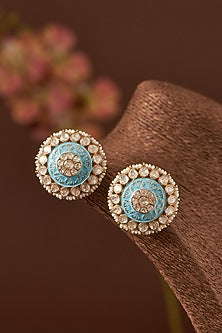 Gold Finish Moissanite Polki & Pearl Enameled Stud Earrings In Sterling Silver