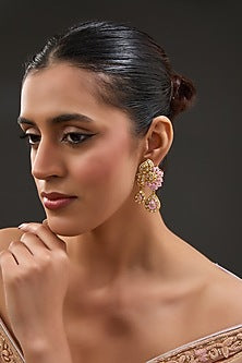 Gold Finish Moissanite Polki & CZ Enameled Stud Earrings In Sterling Silver