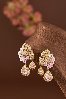 Gold Finish Moissanite Polki & CZ Enameled Stud Earrings In Sterling Silver