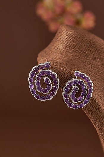 White Finish Blue Sapphire & Zircon Stud Earrings In Sterling Silver