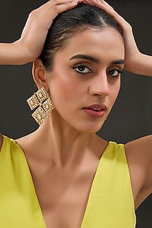 Gold Finish Moissanite Polki & CZ Dangler Earrings In Sterling Silver