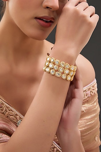 Gold Finish Moissanite Polki & CZ Bracelet In Sterling Silver