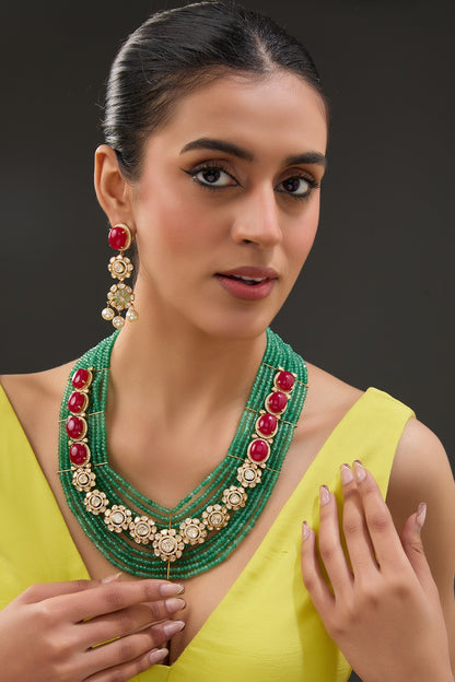 Gold Finish Ruby & Emerald Necklace Set In Sterling Silver