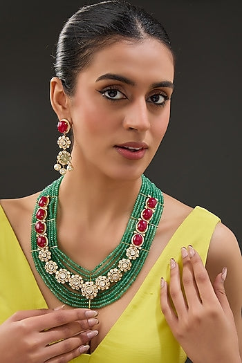 Gold Finish Ruby & Emerald Necklace Set In Sterling Silver