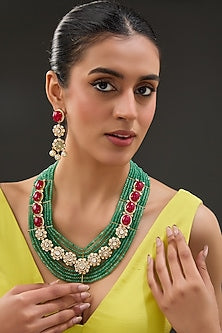 Gold Finish Ruby & Emerald Necklace Set In Sterling Silver