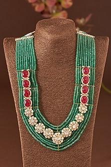 Gold Finish Ruby & Emerald Necklace Set In Sterling Silver