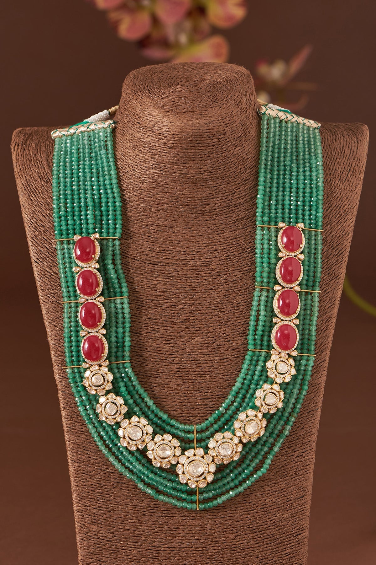 Gold Finish Ruby & Emerald Necklace Set In Sterling Silver