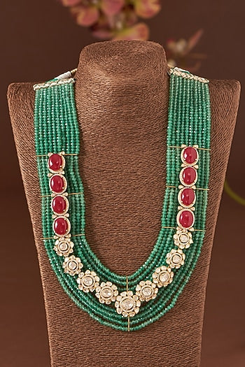 Gold Finish Ruby & Emerald Necklace Set In Sterling Silver