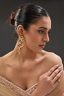 Gold Finish Moissanite Polki & Ruby Dangler Earrings In Sterling Silver
