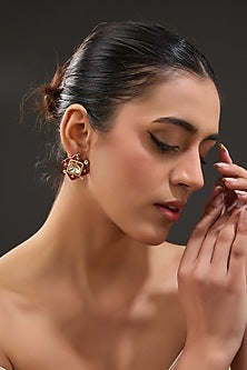Gold Finish Moissanite Polki & Rubies Stud Earrings In Sterling Silver