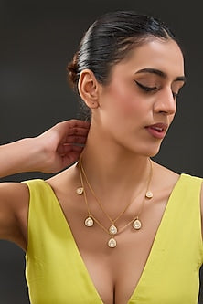 Gold Finish Moissanite Polki & CZ Layered Necklace In Sterling Silver
