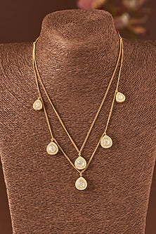 Gold Finish Moissanite Polki & CZ Layered Necklace In Sterling Silver