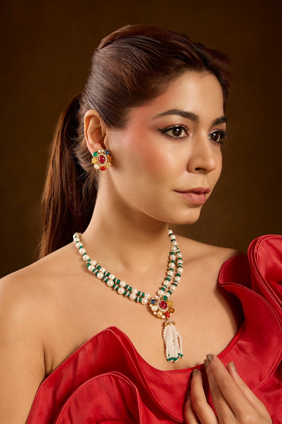 Yellow Gold Finish Ruby & Emerald Pendant Necklace Set In Sterling Silver