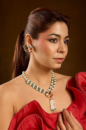 Yellow Gold Finish Ruby & Emerald Pendant Necklace Set In Sterling Silver
