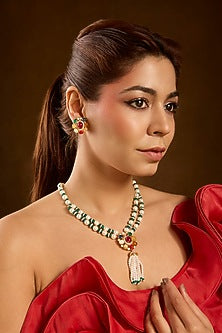 Yellow Gold Finish Ruby & Emerald Pendant Necklace Set In Sterling Silver