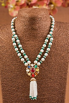 Yellow Gold Finish Ruby & Emerald Pendant Necklace Set In Sterling Silver