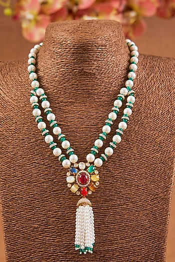 Yellow Gold Finish Ruby & Emerald Pendant Necklace Set In Sterling Silver