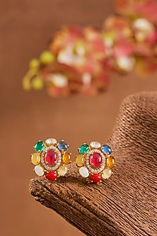 Yellow Gold Finish Ruby & Emerald Pendant Necklace Set In Sterling Silver