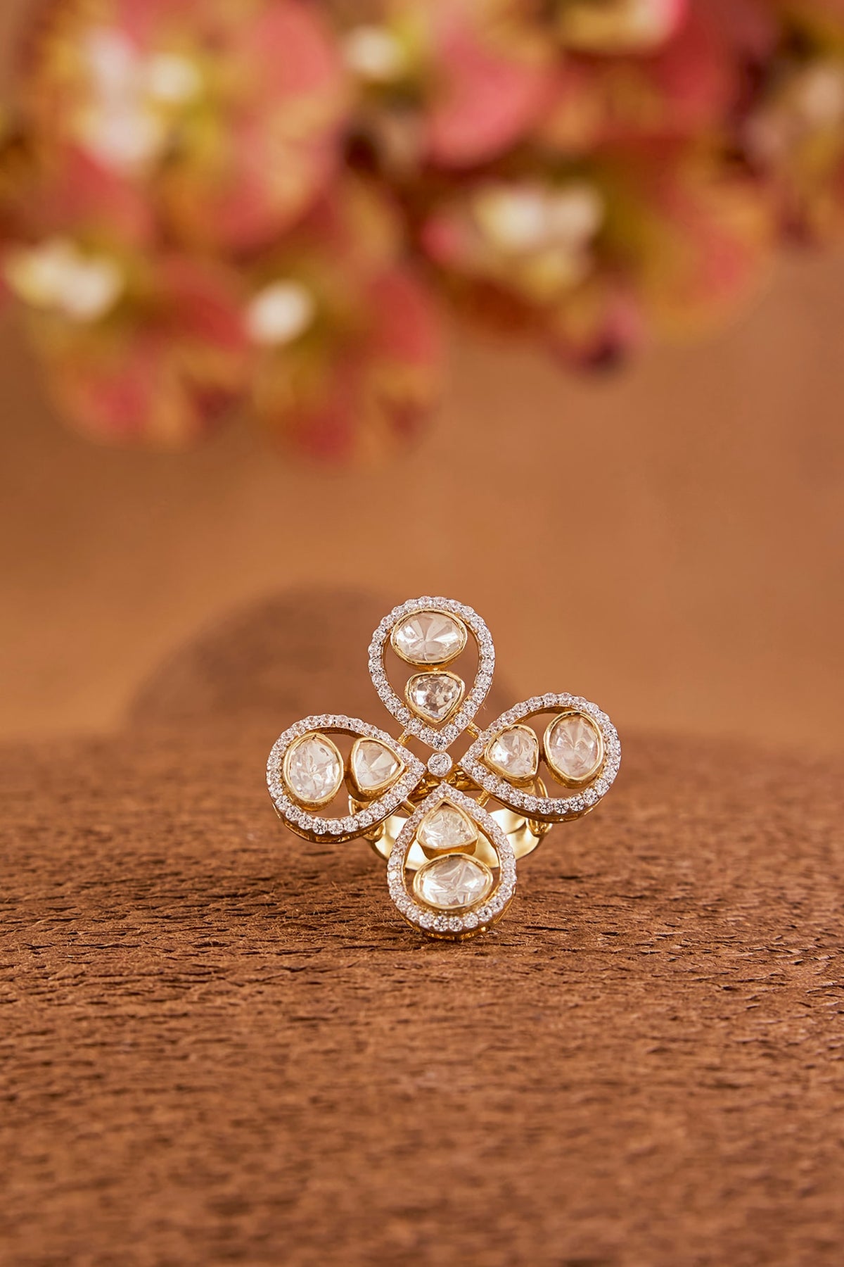 Yellow Gold Finish Moissanite Polki & Eurostar Ring In Sterling Silver