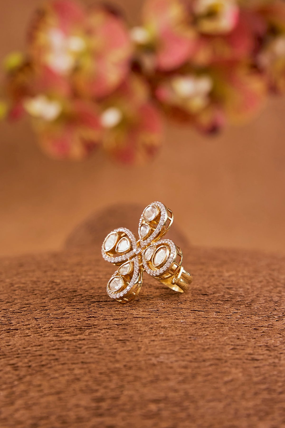Yellow Gold Finish Moissanite Polki & Eurostar Ring In Sterling Silver
