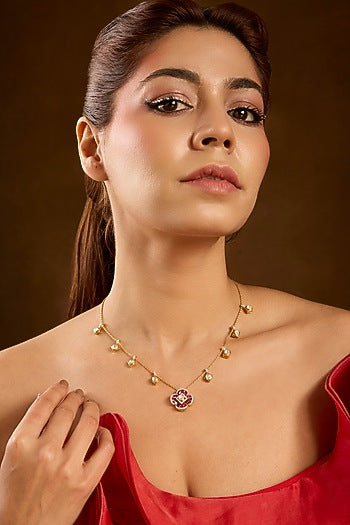 Yellow Gold Finish Moissanite Polki & Ruby Pendant Necklace In Sterling Silver