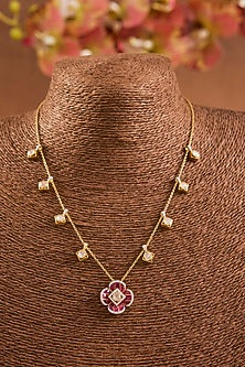 Yellow Gold Finish Moissanite Polki & Ruby Pendant Necklace In Sterling Silver