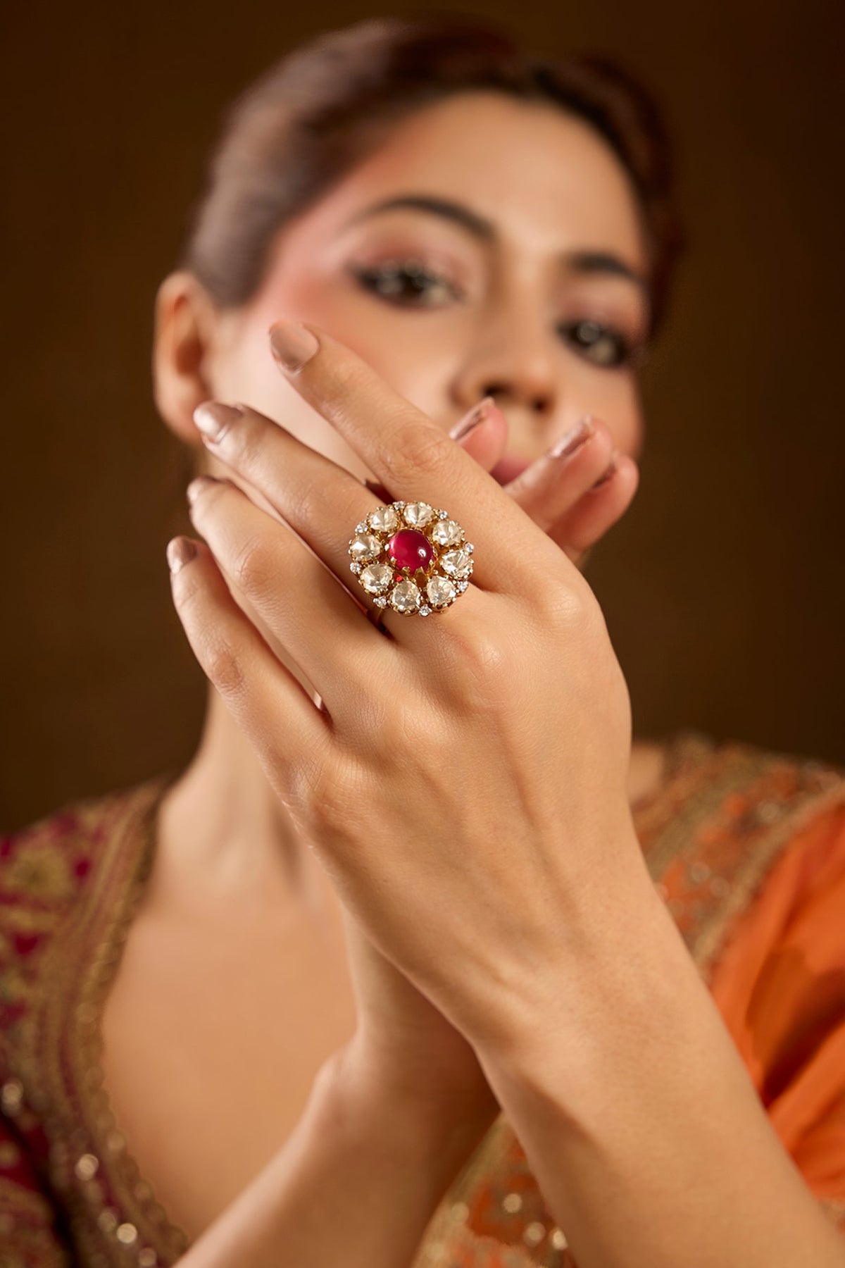 Yellow Gold Finish Moissanite Polki & Ruby Ring In Sterling Silver
