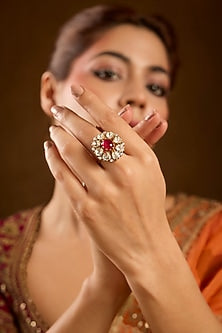 Yellow Gold Finish Moissanite Polki & Ruby Ring In Sterling Silver