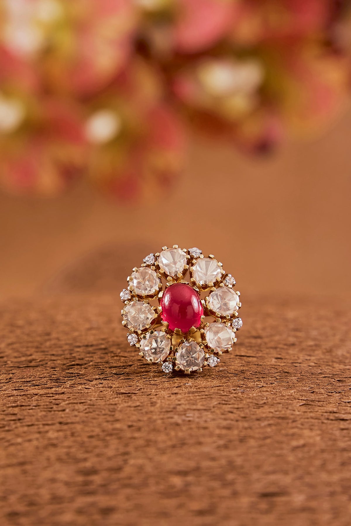 Yellow Gold Finish Moissanite Polki & Ruby Ring In Sterling Silver