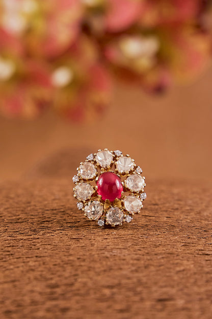 Yellow Gold Finish Moissanite Polki & Ruby Ring In Sterling Silver